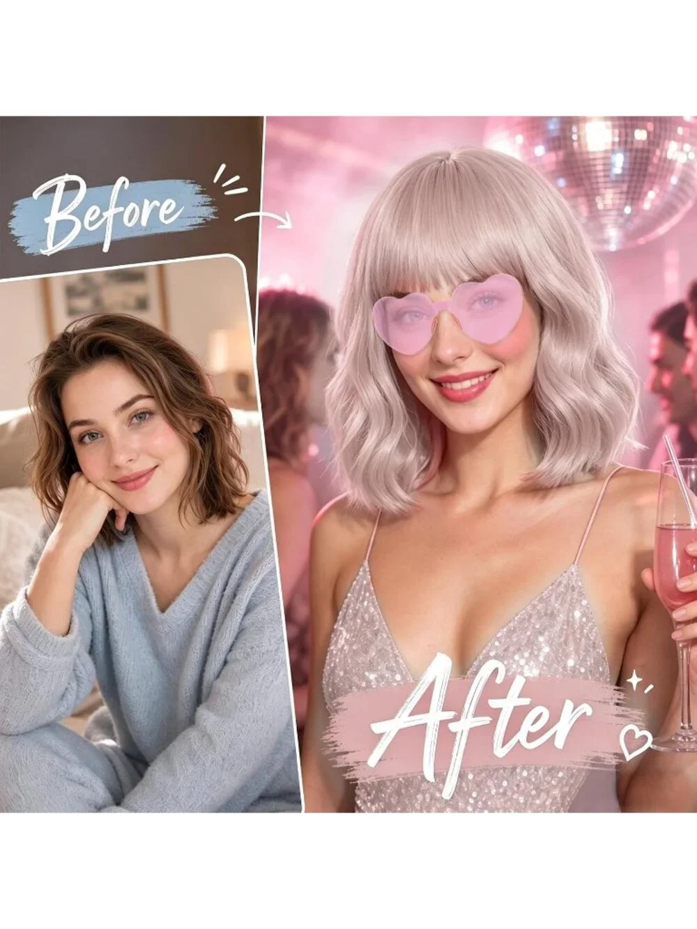 Women's Light Pink Curly Bob Synthetic Wigs Bangs With Neon Heart Sunglasses